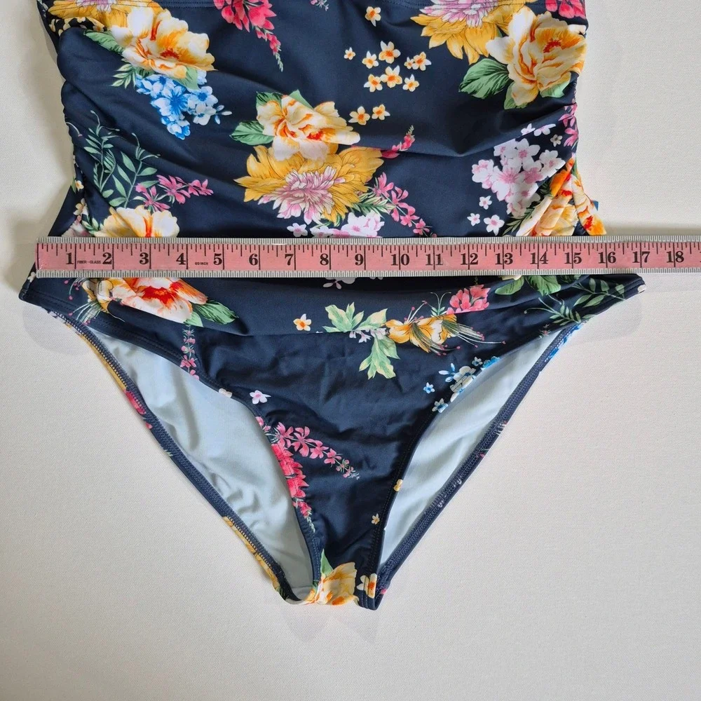 Cupshe Womens‎ Navy Floral Ruched V-Neck One Piece Swimsuit Cutout Back Size XL